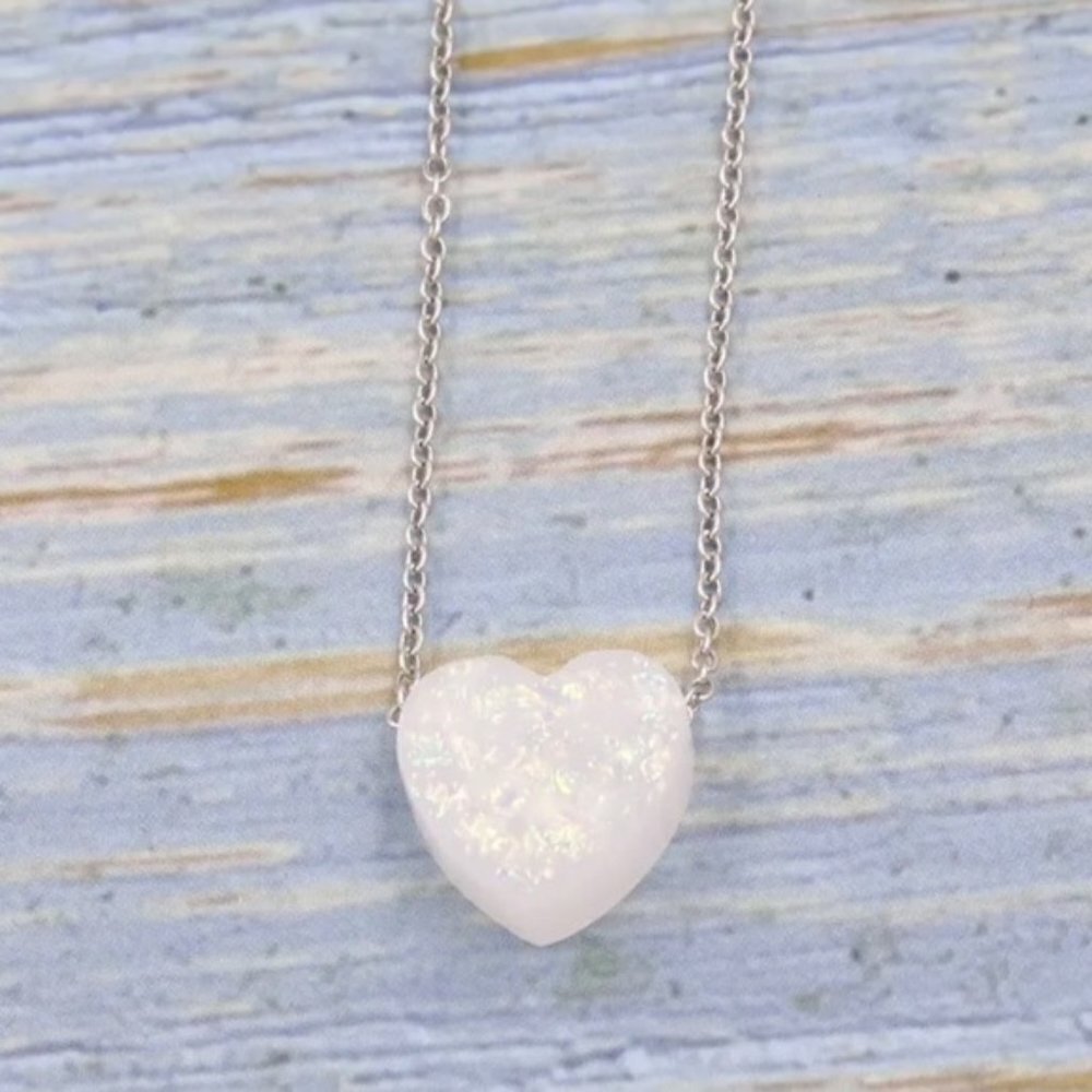 White Resin Heart Necklace On Silver Chain
